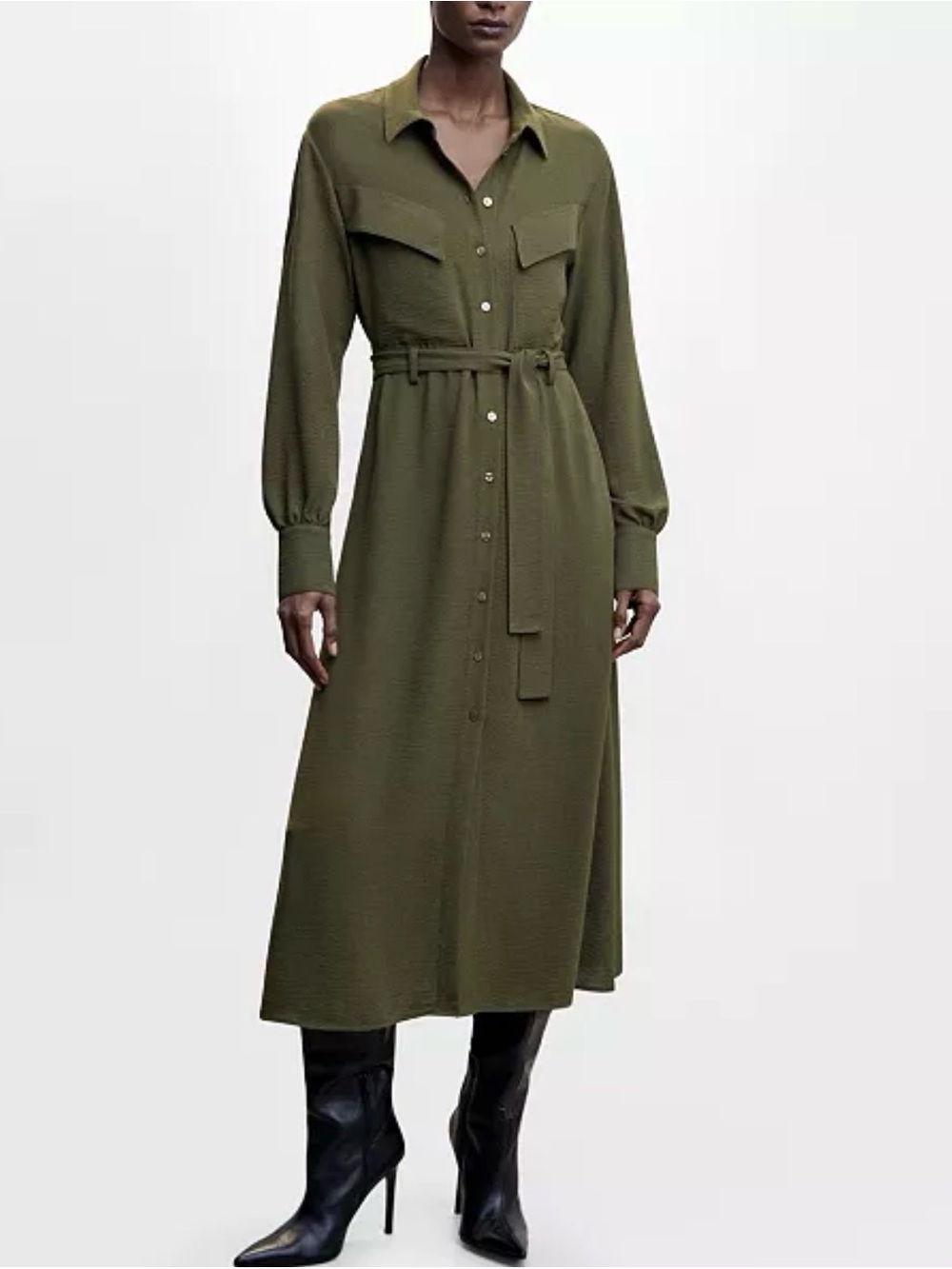 Mango Olive Green midi Shirt Dress size utility S